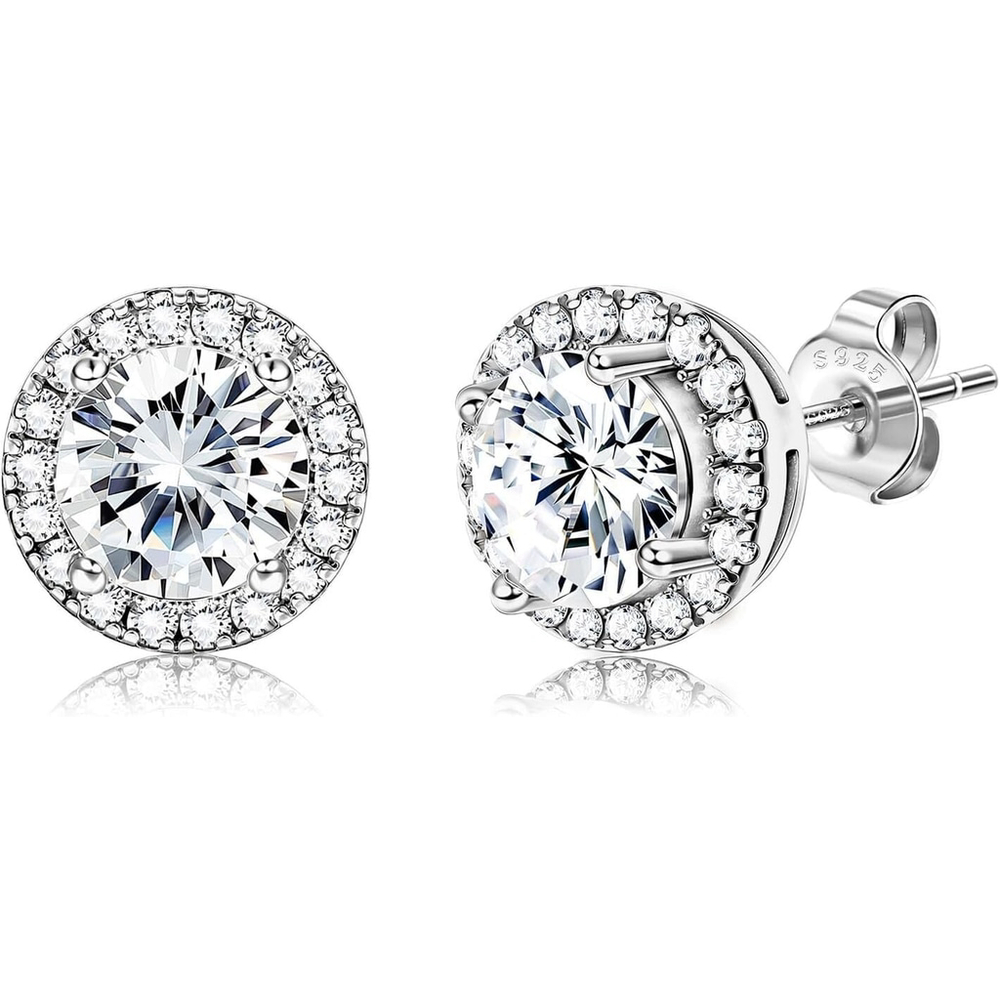 18K Gold Plated Stud Earrings with 925 Sterling Silver and Cubic Zirconia, Round